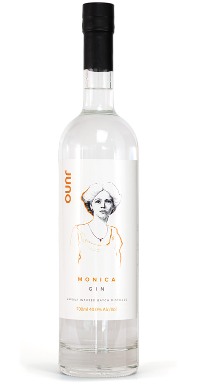 Monica's Gin by Juno Gin clear bottle with white label in 700ml